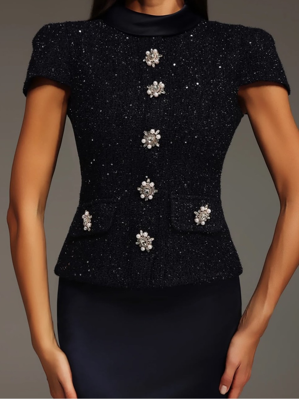 Black Embellished Pearl-Button Maxi Dress